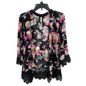 Midnight Floral Black Crochet Knit Open Front Cardigan Kimono XS Festival